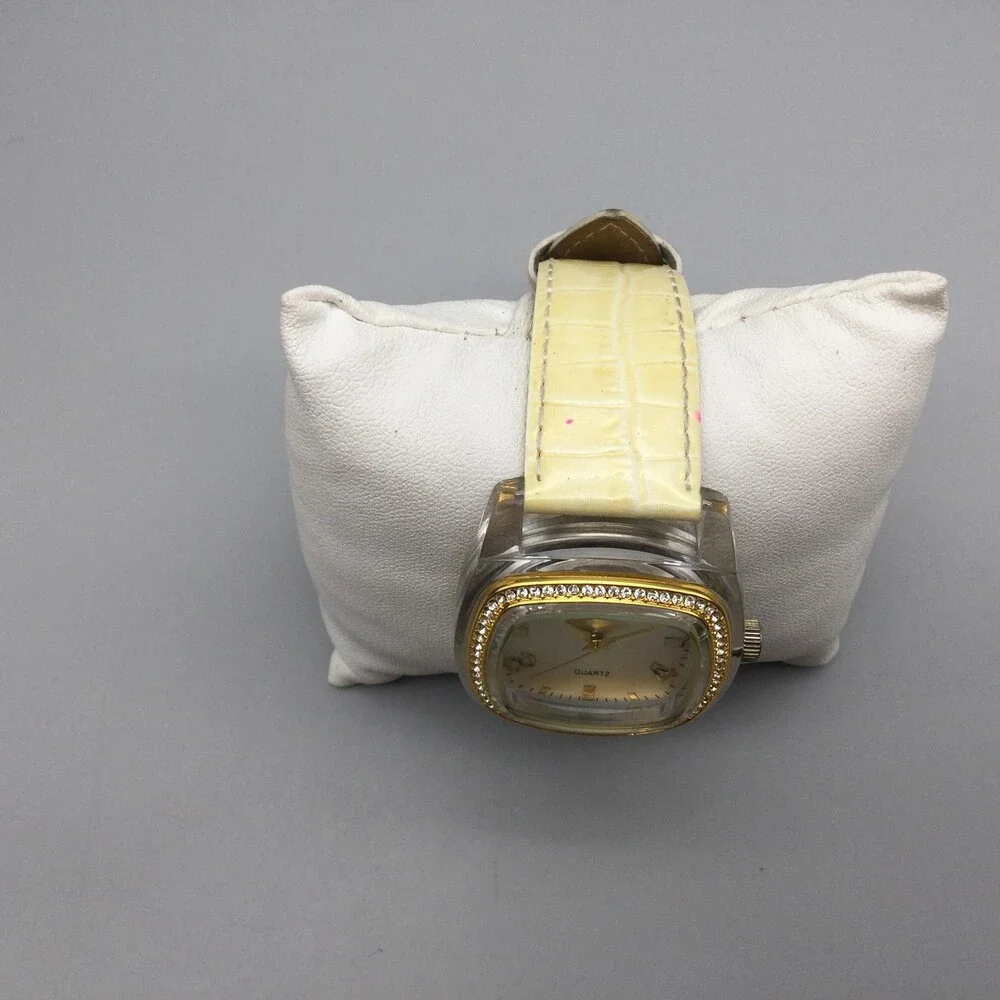 Joan Rivers Womens Watch 38mm Silver Tone Yellow Leather Crystals New Battery